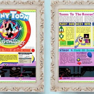 Könnte beinhalten: Eine Zeitschriftenseite mit einer Videospielwerbung für Tiny Toon Adventures. Die Anzeige zeigt eine farbenfrohe Illustration von Buster Bunny und Bugs Bunny sowie einen Screenshot des Spiels. Der Text auf der Seite lautet "Tiny Toon Adventures: Troubled Times at Acme Acres!" und enthält Informationen über die Charaktere, Level und das Gameplay des Spiels.