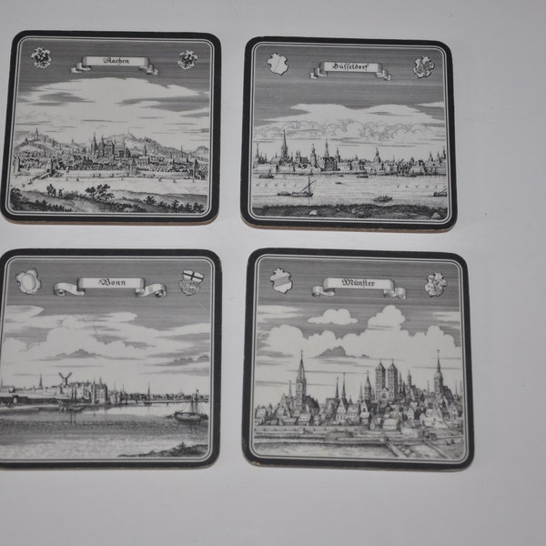 4 Vintage Coasters Schuberth Tamat-Secie Melamine Cork Germany Cities Towns Coasters Lot of 4