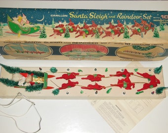 Rare Vintage Santa's Sleigh And Reindeer Antique Christmas Display In Original Box