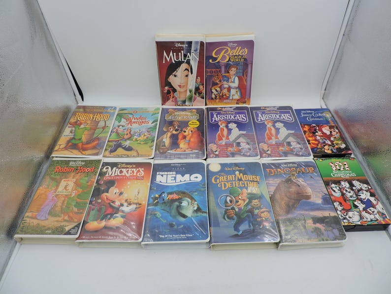 Pu&ograve; includere: Una collezione di VHS Disney con film d'animazione come "Mulan", "La Bella e la Bestia" e "Alla ricerca di Nemo". Le cassette presentano copertine colorate con illustrazioni dei personaggi.