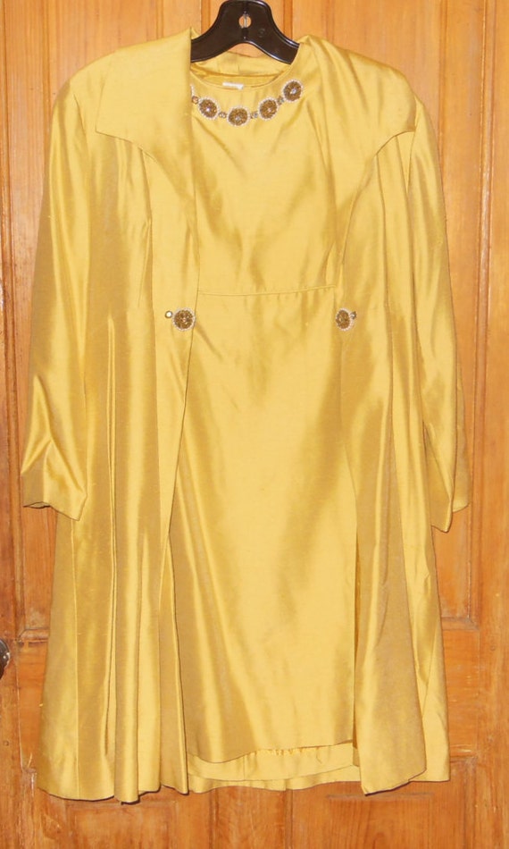Vintage 1960s Margaret O Leary Mustard Yellow Beaded Dress And Over Jacket  Set