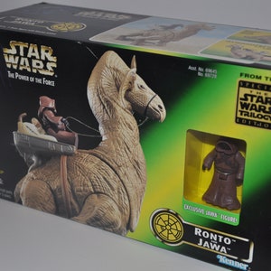 Op de afbeelding: Een Star Wars: The Power of the Force Special Trilogy Edition boxset met een bruine Ronto waarop een Jawa rijdt. De doos is groen en zwart met het Star Wars logo en de woorden "From the Special The Star Wars Trilogy Edition". De doos bevat ook een exclusieve Jawa-figuur.