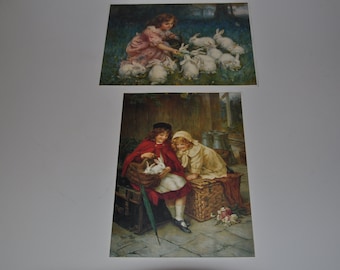 2 x Vintage Pictures Of Children With Rabbits - Paper Ephemera