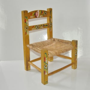 Vintage 15&#39;&#39; Wooden Chair with Rush Seat and Painted Ladder Back Bear/Doll Chair