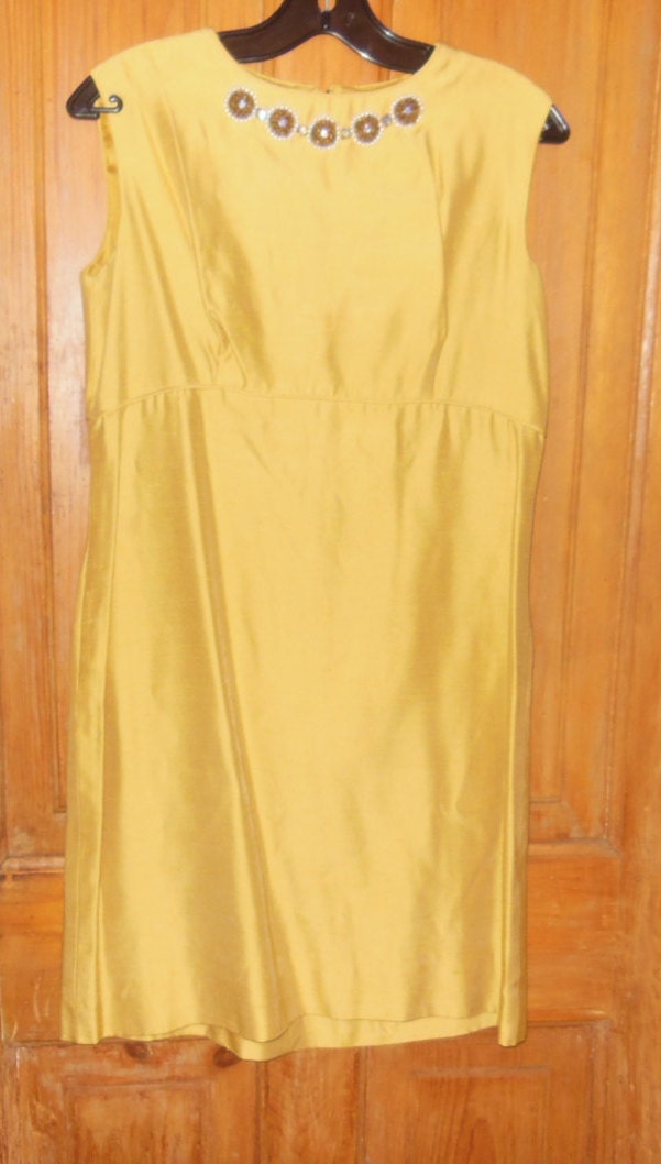 Vintage 1960s Margaret O Leary Mustard Yellow Beaded Dress and Over Jacket Set