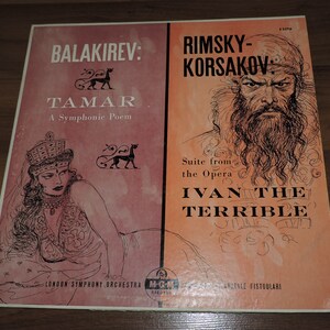 May include: A vintage vinyl record album cover featuring illustrations of a woman in a crown and a man with a beard. The album title is "BALAKIREV: TAMAR A Symphonic Poem" and "RIMSKY-KORSAKOV: Suite from the Opera IVAN THE TERRIBLE".