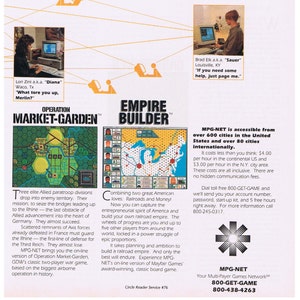 May include: A magazine advertisement for MPG-NET, a multi-player games network. The ad features two popular board games, Operation Market-Garden and Empire Builder. The ad also includes a phone number to sign up for the service.