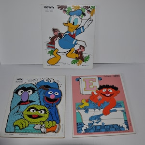 3 Vintage Playskool 1970's Wooden Children's Board Jigsaw Puzzles - Donald Duck  / Ernie / Sesame Street Monsters