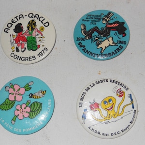 4 Vintage French Pinback Buttons 70s, 80s image 1