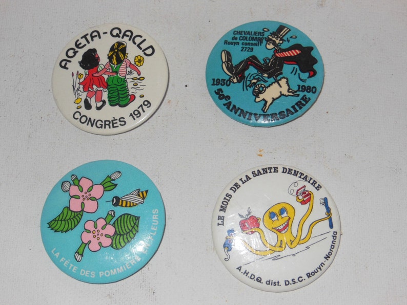 4 Vintage French Pinback Buttons 70s, 80s image 1