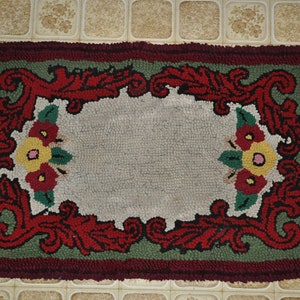 Vintage Hooked Rug   / Flowered Area Rug / Red And Green Yellow And Cream Colored Mat