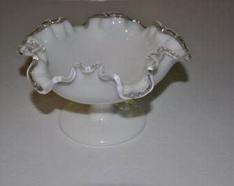 Vintage White Milk Glass Pedestal Footed Compote Bowl With Ruffled Clear Edge / Trinket Dish / Candy Dish