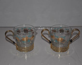Libbey Turquoise en gouden vintage room- en suikerset