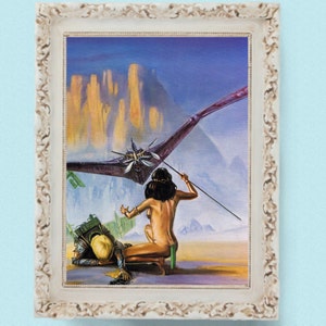 Humans Fighting off Flying Monster 1970s Science Fiction / Fantasy Art Print