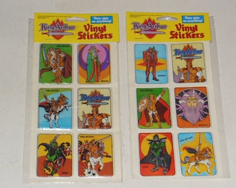 Lot z 3 1993 Król Artur Rycerze sprawiedliwości Cartoon Vintage pluszowe winylu naklejki arkusze