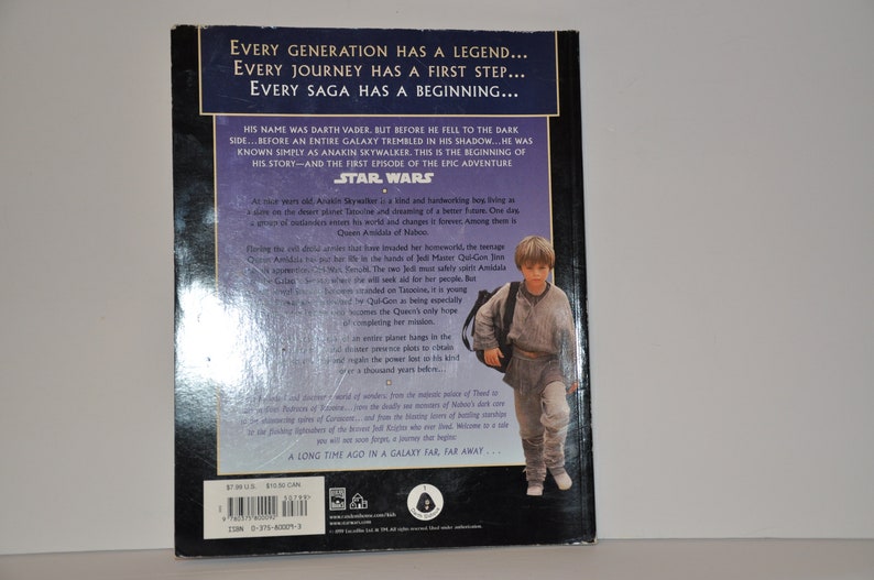 May include: The back cover of a Star Wars book featuring a young boy with a backpack. The text reads "Every generation has a legend... Every journey has a first step... Every saga has a beginning..." and "His name was Darth Vader, but before he fell to the dark side... before an entire galaxy trembled in his shadow... he was known simply as Anakin Skywalker. This is the beginning of his story - and the first episode of the epic adventure STAR WARS."