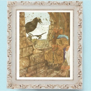 May include: A painting of a fantasy scene with a large black raven perched on a stone wall. A bearded man in a brown tunic and a blue cloak stands on a stone staircase, looking up at the raven. A smaller figure with a white beard sits on the steps below him.