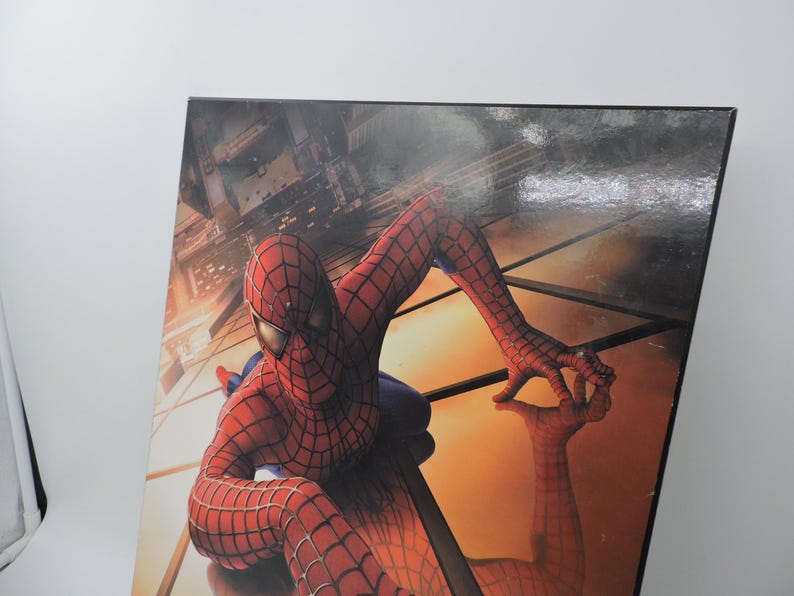 Op de afbeelding: Een ingelijste afbeelding met Spider-Man in zijn iconische rood-blauwe pak. De superheld wordt afgebeeld in een dynamische pose, zich vastklampend aan een reflecterend oppervlak met een stadsgezicht op de achtergrond. Het kunstwerk toont levendige kleuren en gedetailleerde texturen.