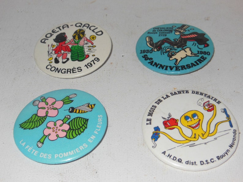 4 Vintage French Pinback Buttons 70s, 80s image 2