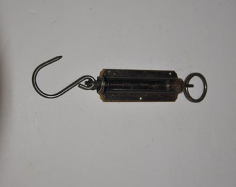 Antique Brass And Metal 7'' Vintage Hanging Spring Scale -SALTER Pocket Balance
