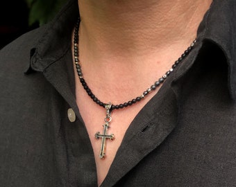 Mens Necklace with Christian Silver Cross, Black Beaded Necklace, Sterling Silver Handmade Cross, Personalized Cross, Christmas Gift