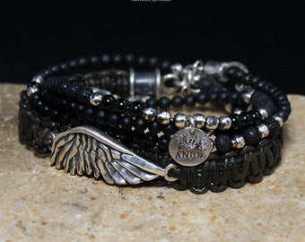Sterling Silver Wing Bracelet, Set of the 2 Bracelets, Black Leather Bracelet, Mens Jewelry, Raw Silver Bracelet