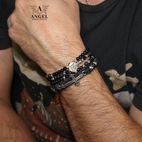 Bracelet religieux chapelet pour homme, lot de 2 bracelets, bracelet de prière croix brut pour homme, bracelet de perles fait main, cadeau personnalisé pour lui