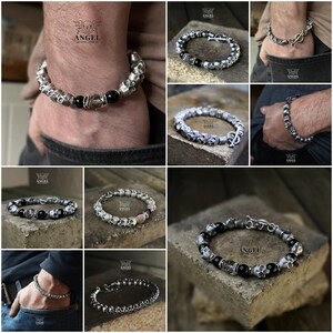 May include: Collection of silver bracelets featuring skull and bead designs. Some bracelets include black onyx beads and clear crystal accents. The bracelets are displayed on a neutral background, showcasing the intricate details of each piece.