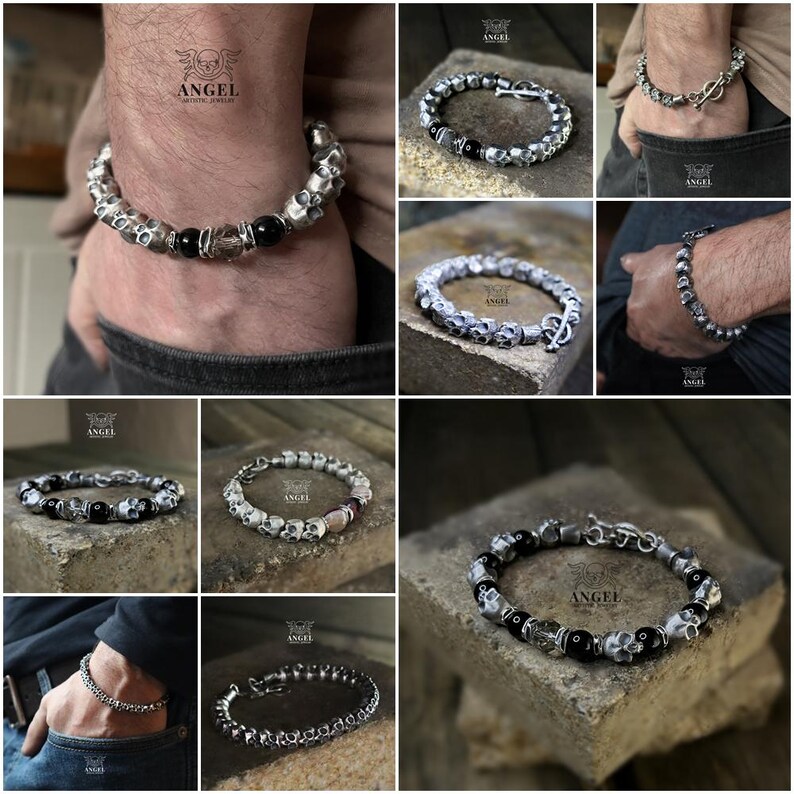 May include: Collection of silver bracelets featuring skull and bead designs. Some bracelets include black onyx beads and clear crystal accents. The bracelets are displayed on a neutral background, showcasing the intricate details of each piece.