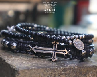 Rosary Mens Religious Bracelet, Set of the 2 Bracelets, Mens Raw Cross Prayer Bracelet, Handmade Beaded Bracelet, Personalized Gift for Him
