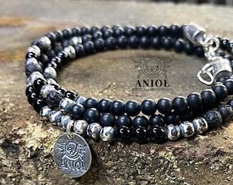 Handmade Black Onyx and Sterling Silver Bracelet, Mens Beaded Silver Bracelet, Mens Raw Bracelet, Personalized Bracelet, Christmas Gift