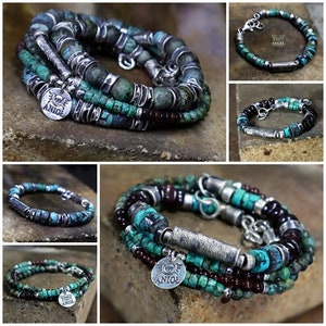 May include: A collection of turquoise and silver bracelets. The bracelets feature a mix of turquoise beads, dark brown beads, and silver accents. Each bracelet has a unique design, with some featuring a pendant with the word "ANIOE".