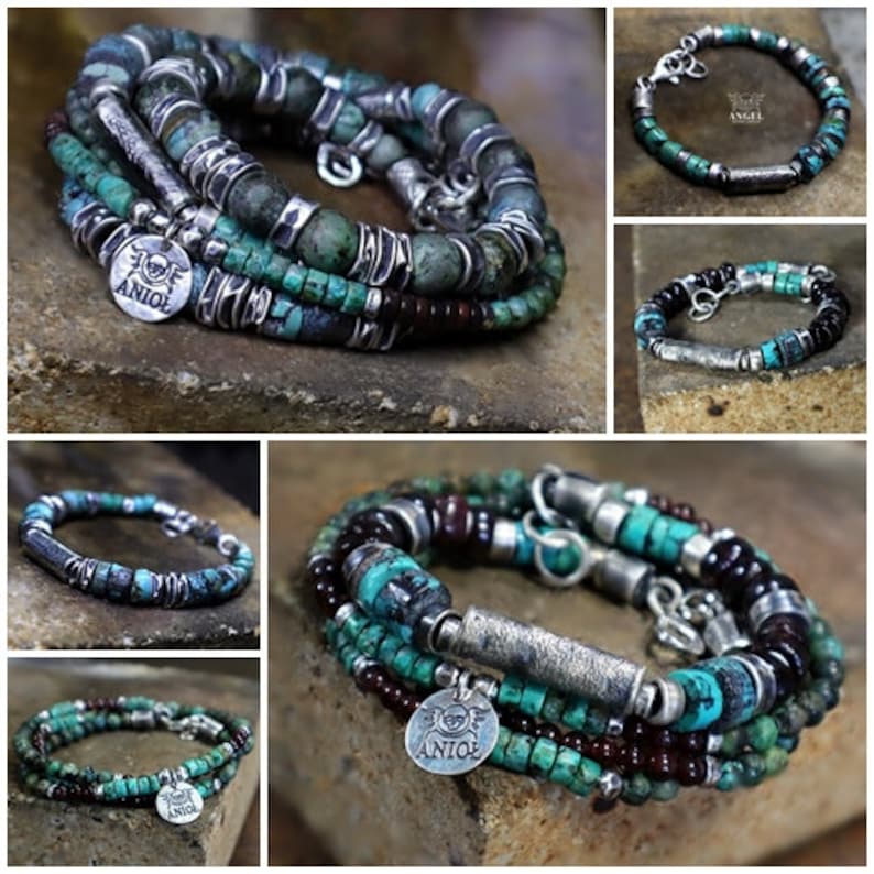 May include: A collection of turquoise and silver bracelets. The bracelets feature a mix of turquoise beads, dark brown beads, and silver accents. Each bracelet has a unique design, with some featuring a pendant with the word "ANIOE".