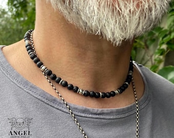 Mens Raw Necklace, Black Lava and 100% Sterling Silver Necklace, Black Necklace, Men&#39;s Jewelry, Personalized Necklace, Christmas Gift
