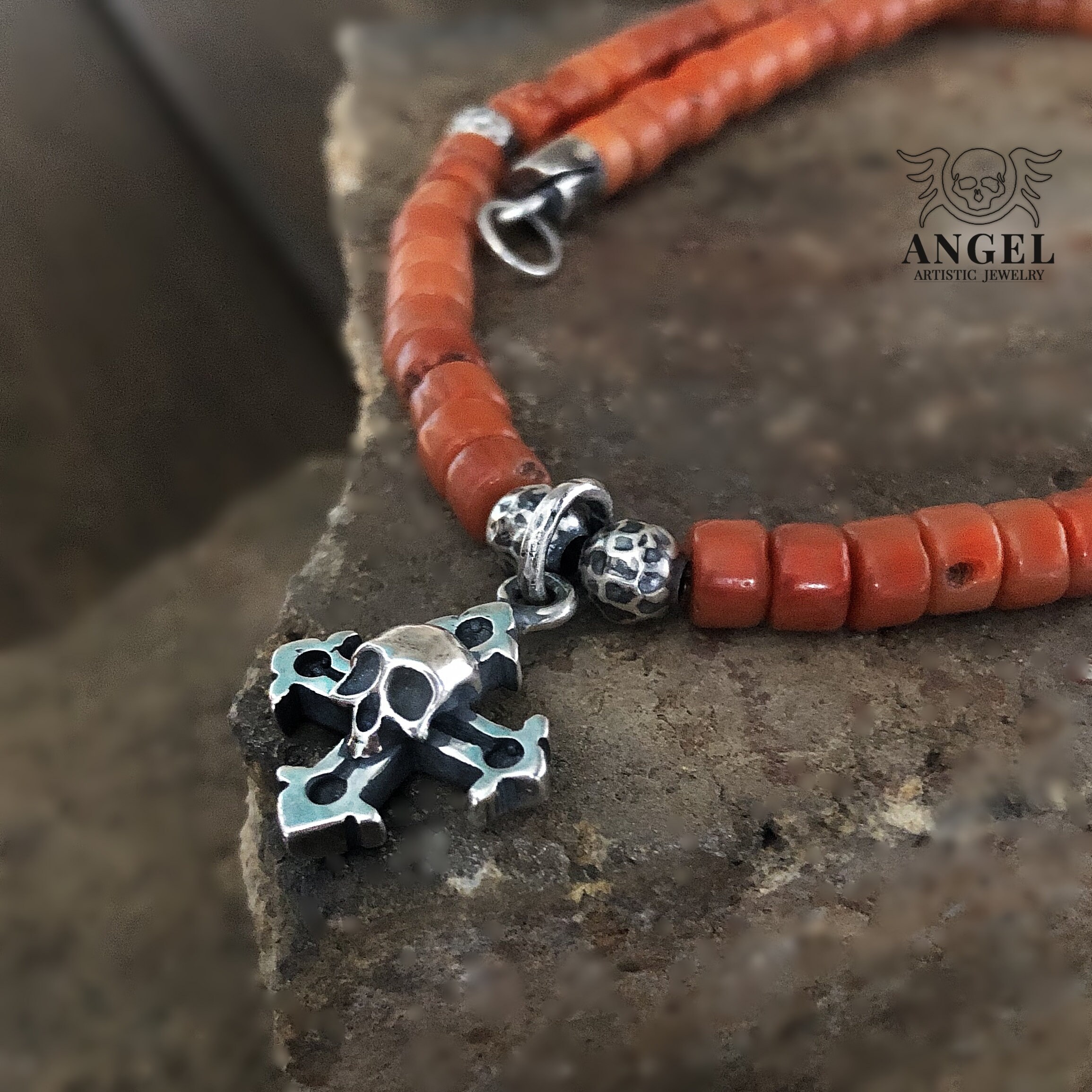 Mens Necklace with Silver Raw Skull Cross, Beaded Necklace, Sterling Silver Isosceles Cross Necklace, Personalized Cross, Christmas Gift