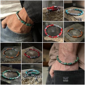 May include: A collection of beaded bracelets in various colors, including turquoise, red, and brown. The bracelets feature silver-toned metal accents and clasps. The image showcases the bracelets on a person's wrist and in individual product shots.