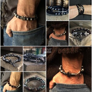 May include: Collection of bracelets featuring cross and skull designs. The bracelets are made of various materials, including beads, metal, and leather. The color palette includes black, silver, and brown. Some bracelets have a single cross, while others have multiple crosses or skull accents.
