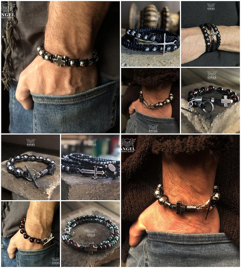May include: Collection of bracelets featuring cross and skull designs. The bracelets are made of various materials, including beads, metal, and leather. The color palette includes black, silver, and brown. Some bracelets have a single cross, while others have multiple crosses or skull accents.