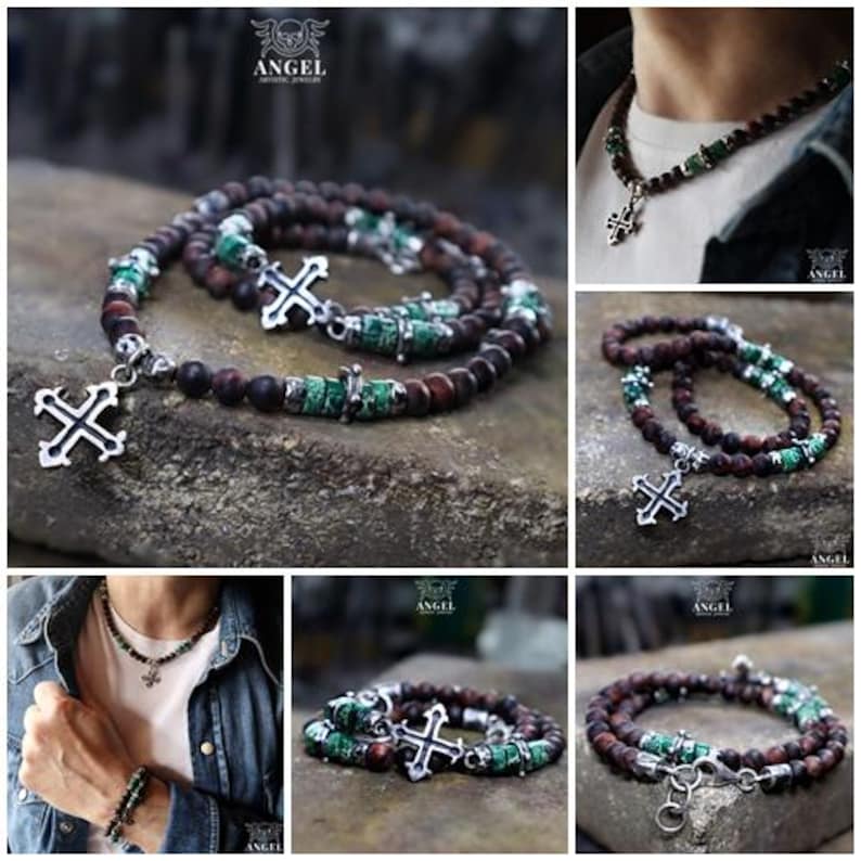 May include: A multi-photo display of a beaded necklace and bracelet set. The necklace and bracelet feature dark brown wooden beads, green stone accents, and a silver cross pendant. The jewelry is displayed on a stone surface.