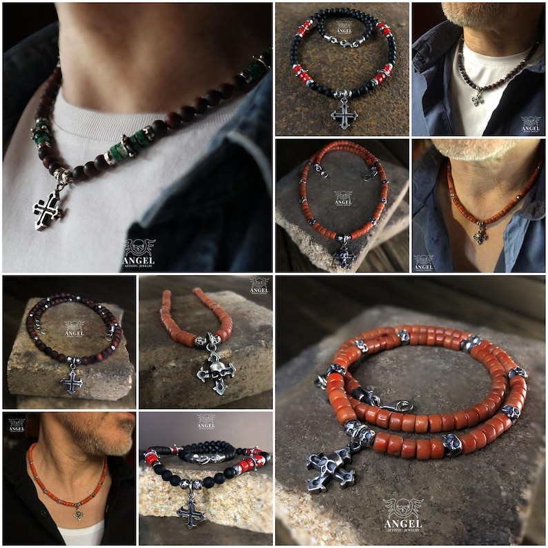 May include: A collection of necklaces featuring a cross pendant. The necklaces are made with various materials, including beads in shades of brown, red, and black. The cross pendants are silver-toned. The brand name "ANGEL" is visible in some images.