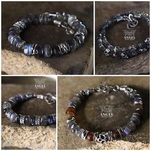 May include: Four images of beaded bracelets. The bracelets feature a mix of dark gray and iridescent beads, interspersed with silver-toned metal accents. Some bracelets have a skull design. The bracelets are displayed on a textured surface.