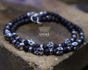 Mens Skull Black Lava and Raw Silver Bracelet, Skull Beaded Womens Bracelet, Mens Brutalist Handmade Bracelet, Personalized Gift for him