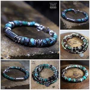 May include: A collection of handcrafted bracelets featuring turquoise and silver accents. The bracelets showcase a variety of designs, including beaded and cylindrical elements. The jewelry is displayed on a textured surface, highlighting the craftsmanship and materials.