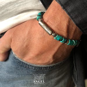 Turquoise Mens Raw Bracelet with SILVER TUBE ,  Raw Turquoise Bracelet, Personalized Gift, Mens Jewelry, Raw Sterling Silver Jewelry