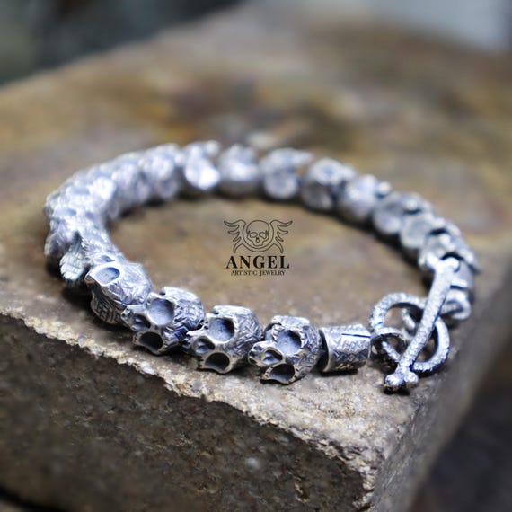SKULL MENS BRACELET, Handmade Raw Silver Jewelry, Sterling