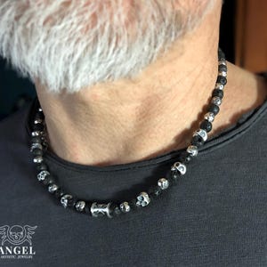 Mens Raw Skull Necklace, Black Lava and 100% Sterling Silver Skulls, Black Necklace, Men&#39;s Jewelry, Personalized Necklace, Christmas Gift