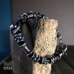 Herren Leder und Rohsilber Schädel Armband, handgemachter Sterling Silber Schädel und Kreuz Armband, Schädel Schmuck, personalisiertes Armband