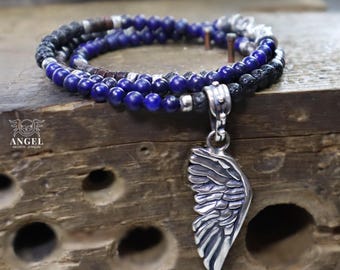 Angel Wing Mens Necklace, Raw 100% Sterling Silver Pendant, Bird Wing, Beaded Necklace, Personalized Christmas Gift for him
