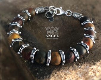 Oxidized Sterling Silver Jasper Picasso Beaded Bracelet