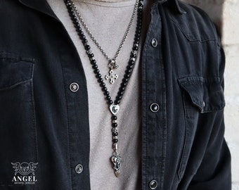 Bird Skull Mens Necklace, Rosary Silver Skull Necklace, Handmade Silver Rosary, Black Onyx Rosary, Valentine's Day Gift, Personalized Gift